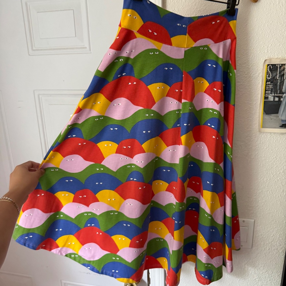 NOOWORKS multicolor rainbow cotton Lycra knit printed pull on midi skirt - Picture 4 of 6